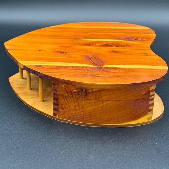 Vintage Heart Shaped Cedar Jewelry Box Mirror Necklace Ring Pegs Handmade Wooden - Picture 2 of 8
